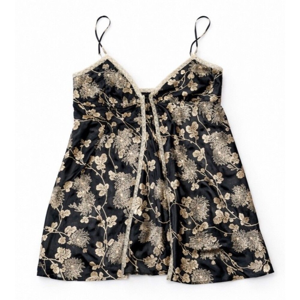 Victoria’s Secret Satin Floral Chemise Slip Black Gold Lace Trim XL Y2K 2002